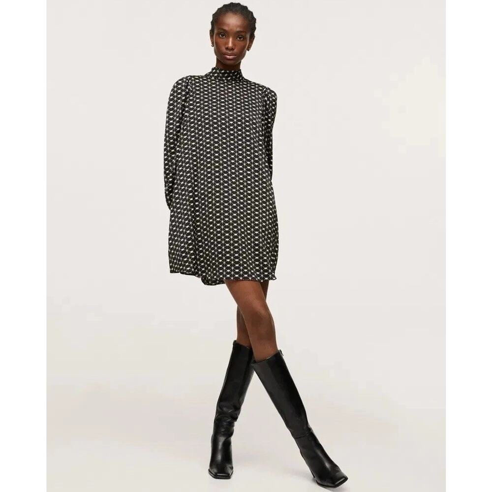 NWOT Mango Tie Back Printed Dress with Balloon Sleeves Black White Geo US 10